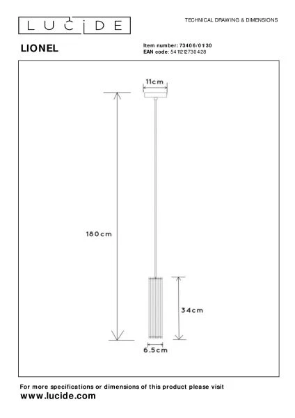 Lucide LIONEL - Suspension - Ø 6,5 cm - 1xE27 - Noir - TECHNISCH